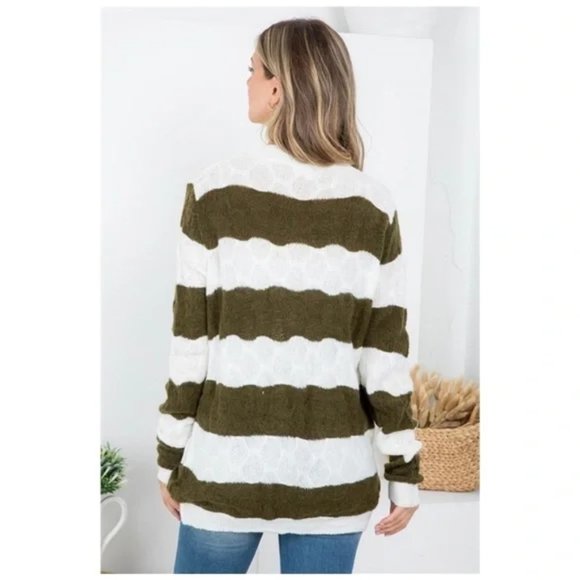 NWT Boutique Olive green and white striped fuzzy v-neck sweater - Picture 2 of 6